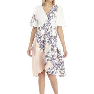 Kaari Blue Pink Floral Wrap Dress Flutter Sleeves